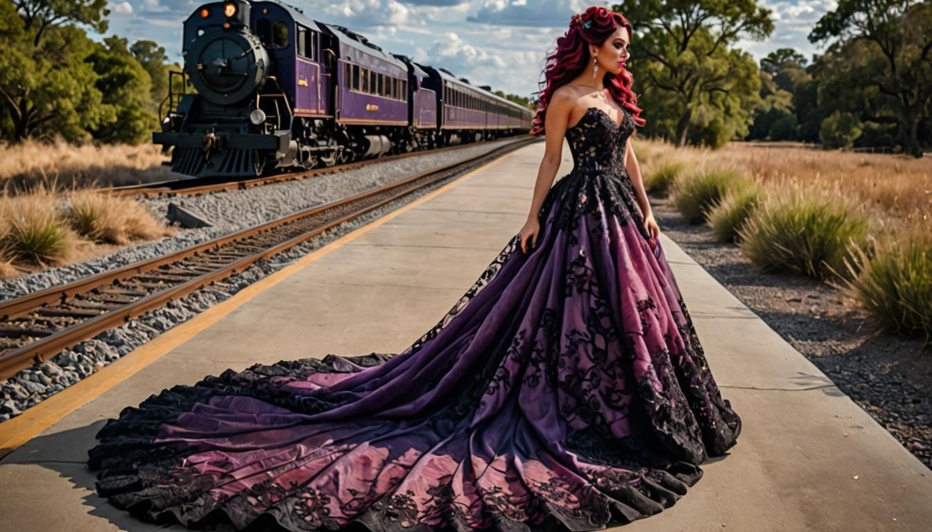 floor-length portrait of a beautiful bride with long wavy purple hair showing the train of her dress
