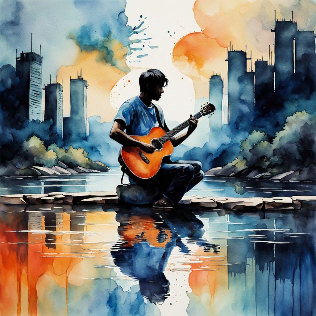 Guitarist's Sunset Serenade: Double Exposure Ink Art