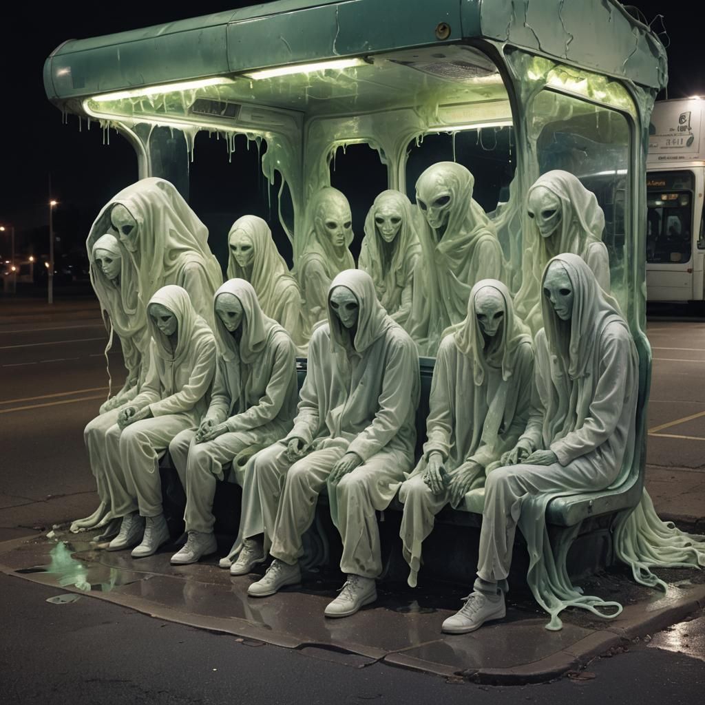 Uncanny People at a Bus Stop: Distorted Dreamscape