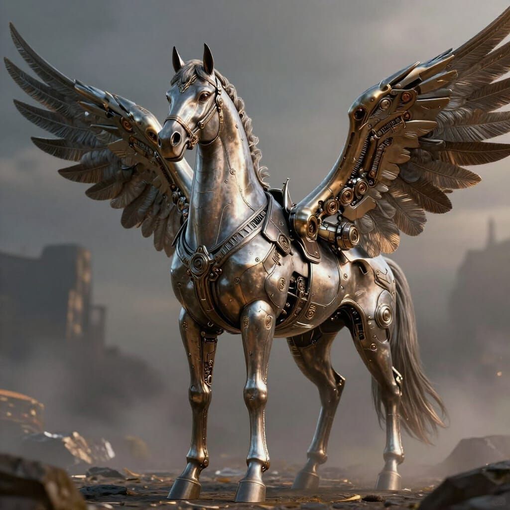 Mythical Winged Creature with Human Torso and Metallic Detai...