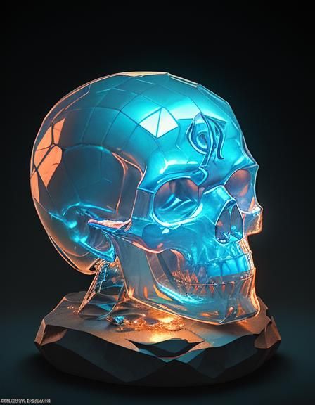 Detailed Crystal Skull Art in Orange and Teal