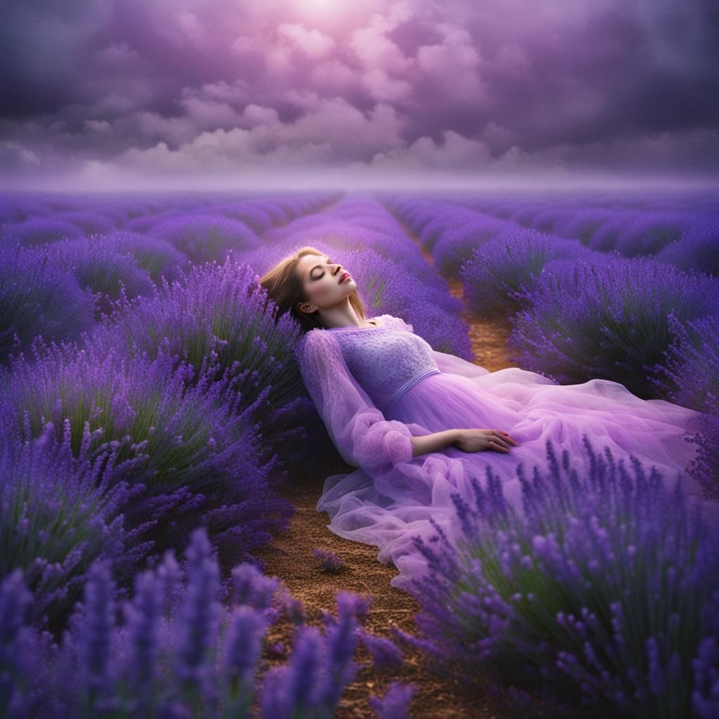 Mysterious Girl in Lavender Fog and Flower Field