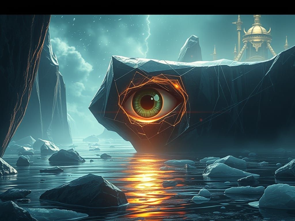 Black Ice Shard Drifting in Golden River, 3D Anime Art