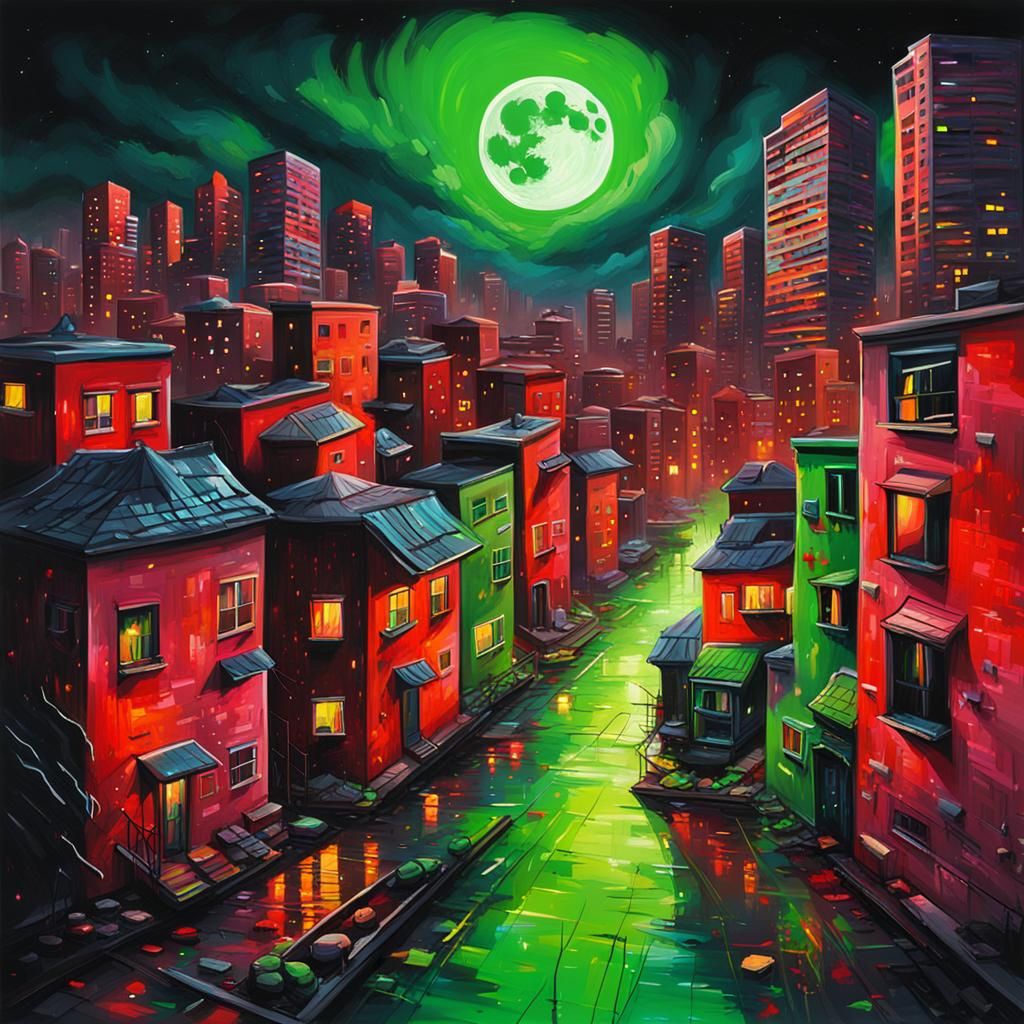 Colorful Night Cityscape with Neon Moon in Graffiti Art