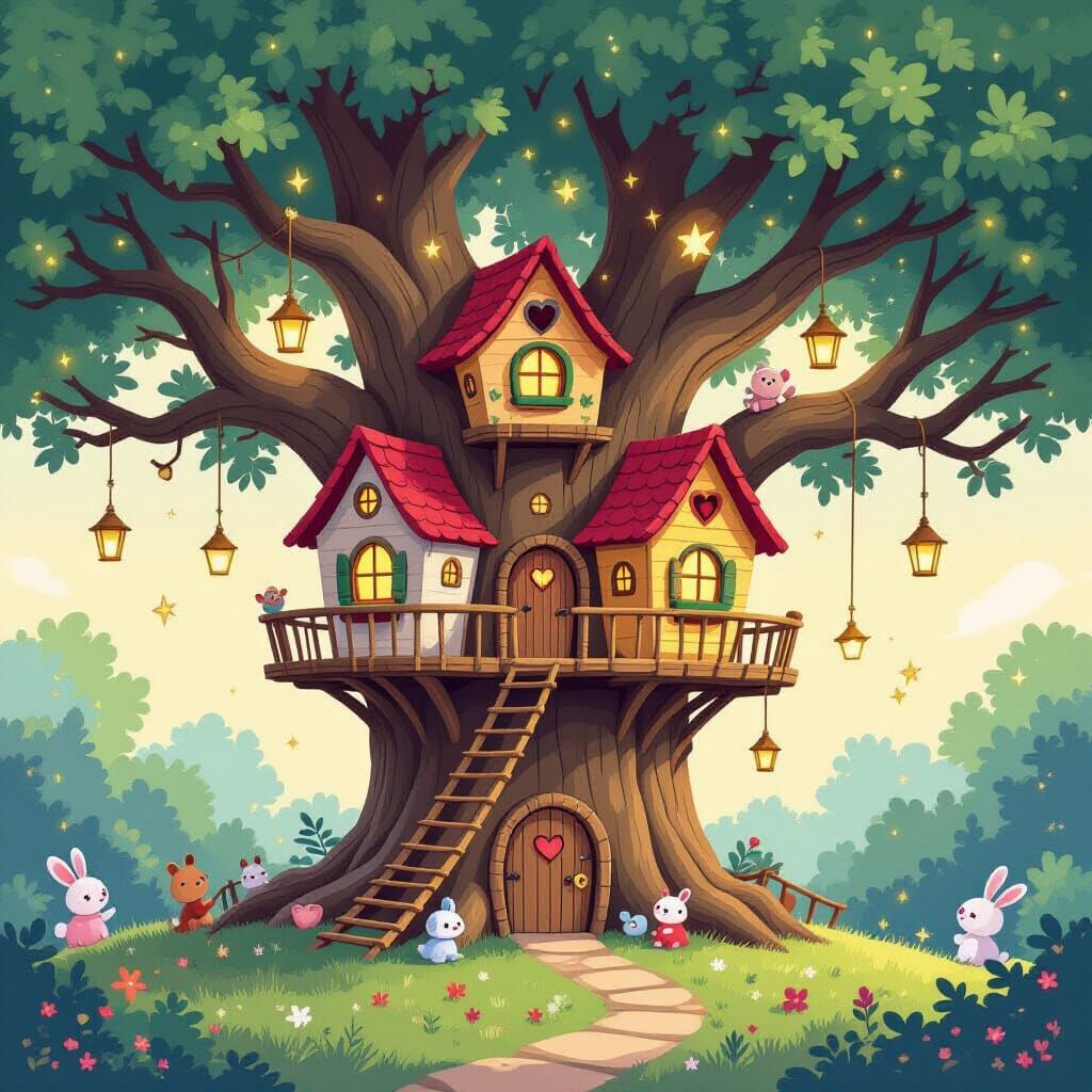Whimsical Treehouse Village in Ancient Oak, Children's Illus...
