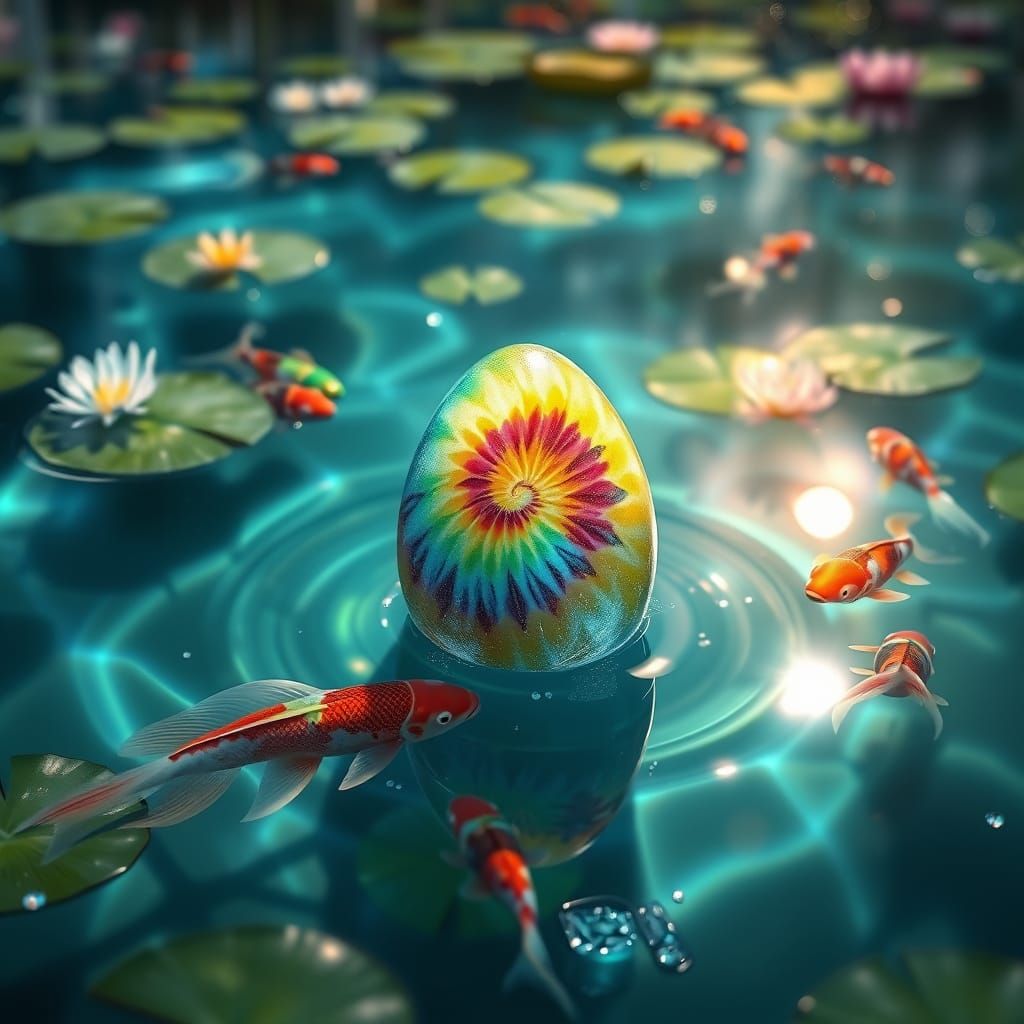 A tie-dyed Easter egg in a pond