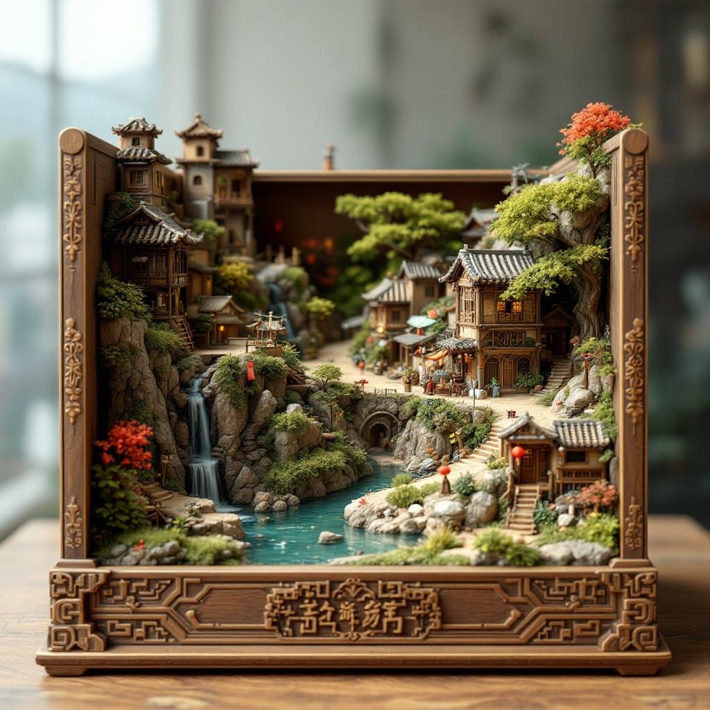 Whimsical Chinese Village in an Ornate Wooden Box