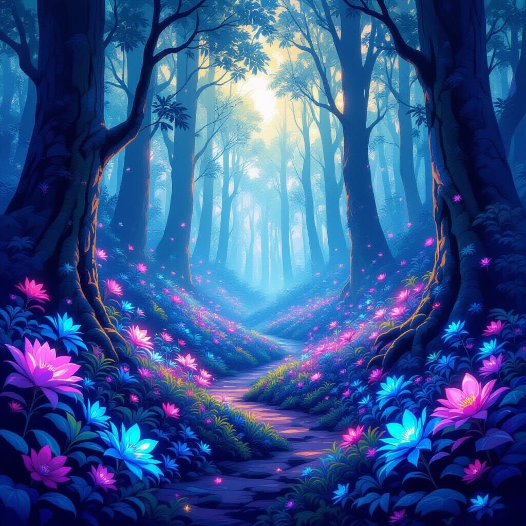 Mystical Iridescent Forest with Glowing Flora