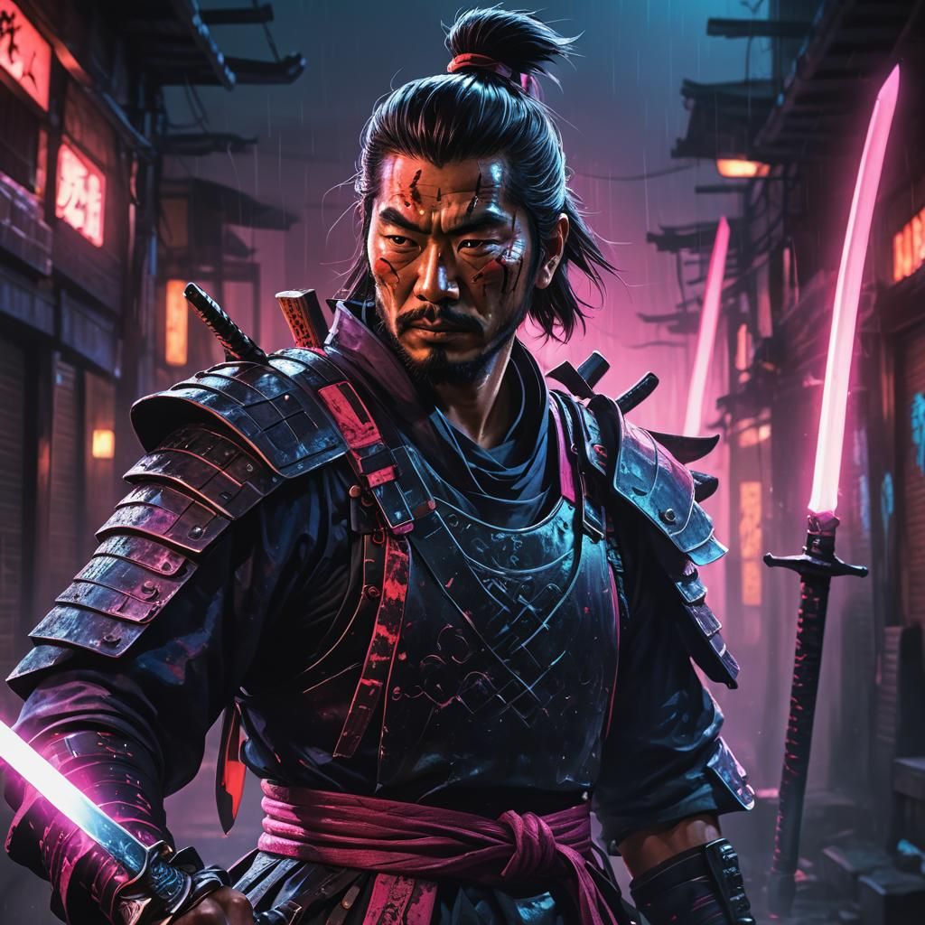 Samurai with Shining Sword in Neon-Lit Alley