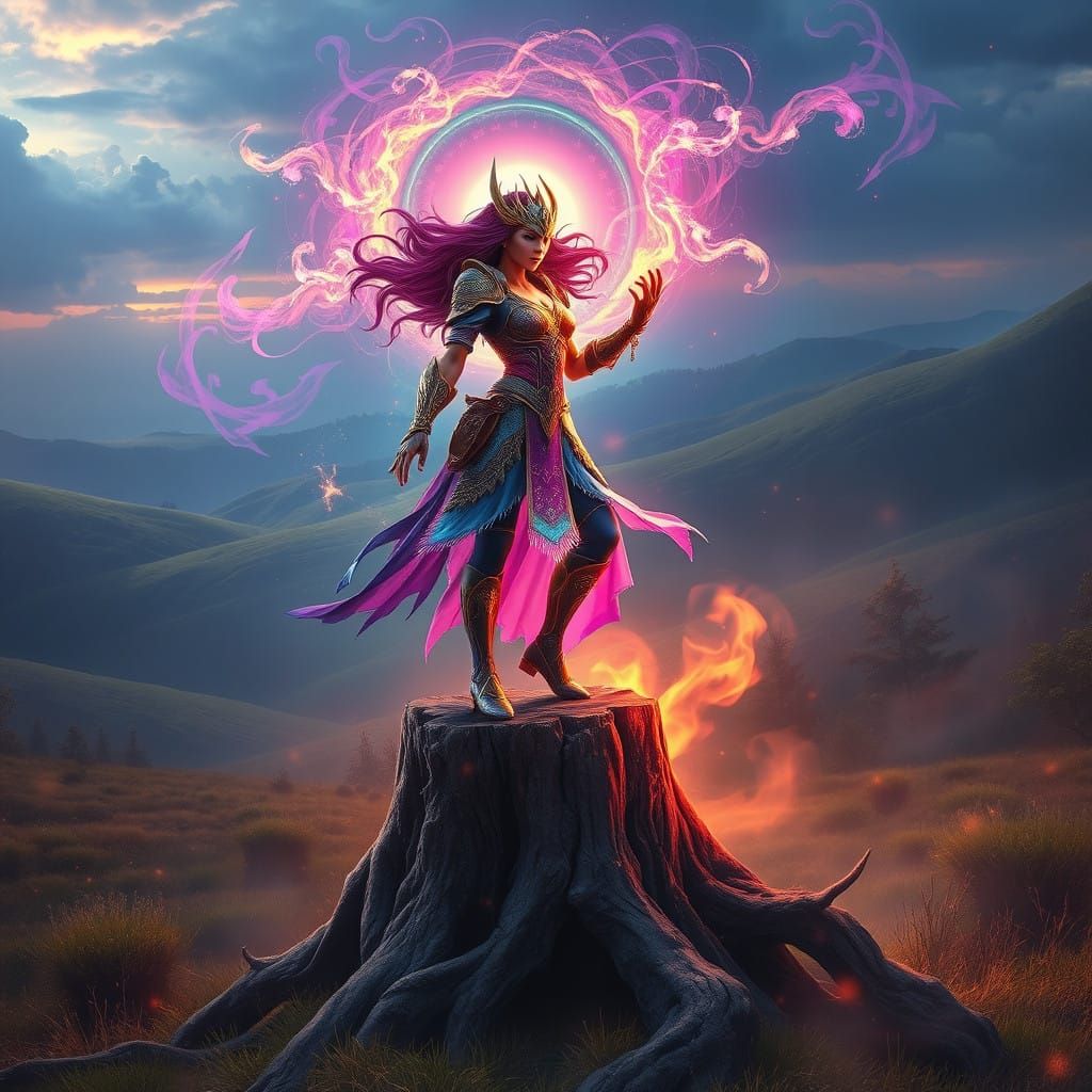 Mystical Warrior Queen Embraced by Vibrant, Dreamlike Landsc...