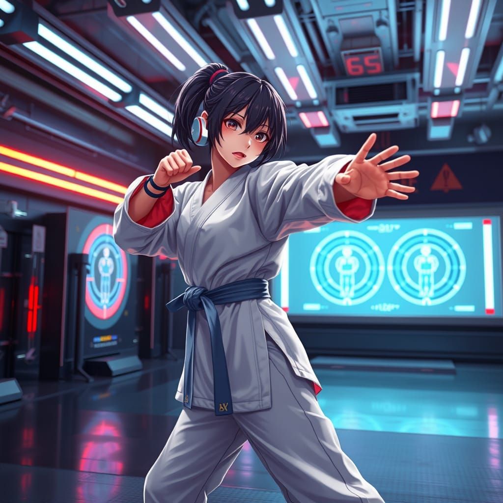 Anime Girl Training in Futuristic Dojo, Hyperreal Art