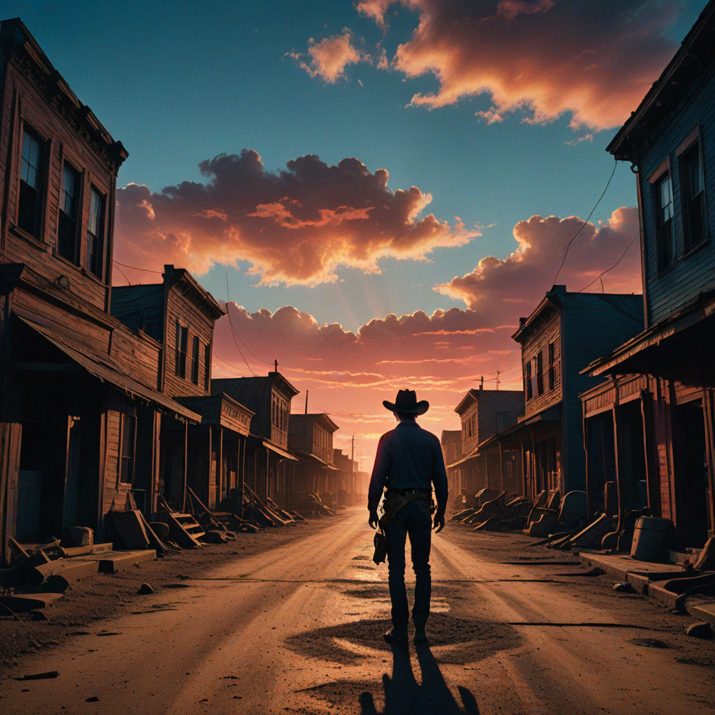 Lone Cowboy Surveying the American West in Warm, Golden Ligh...