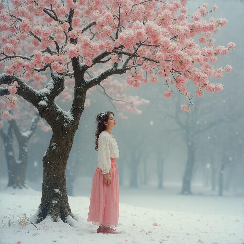 Snowfall on Blossoming Apple Tree, Realistic Impressionist S...