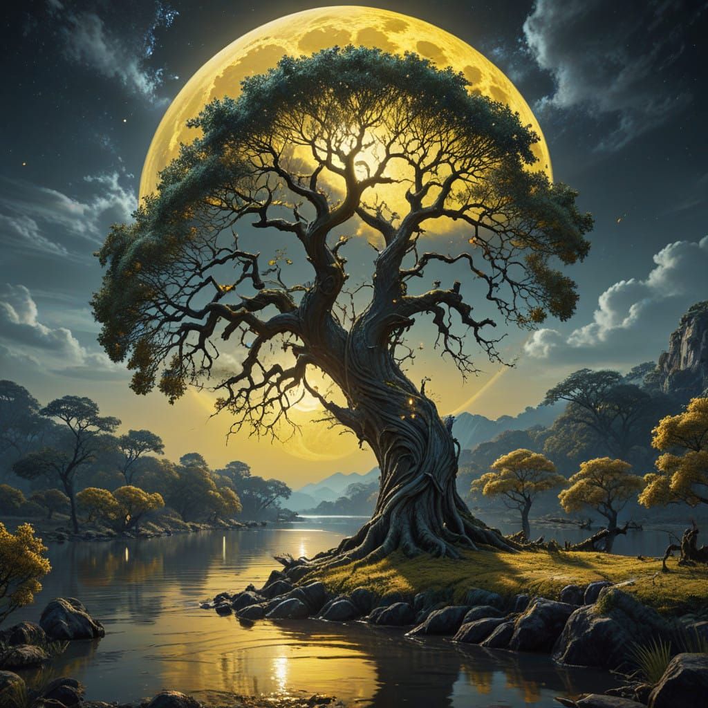 Silver Moon Illuminates Ancient Oak in Dreamlike Landscape