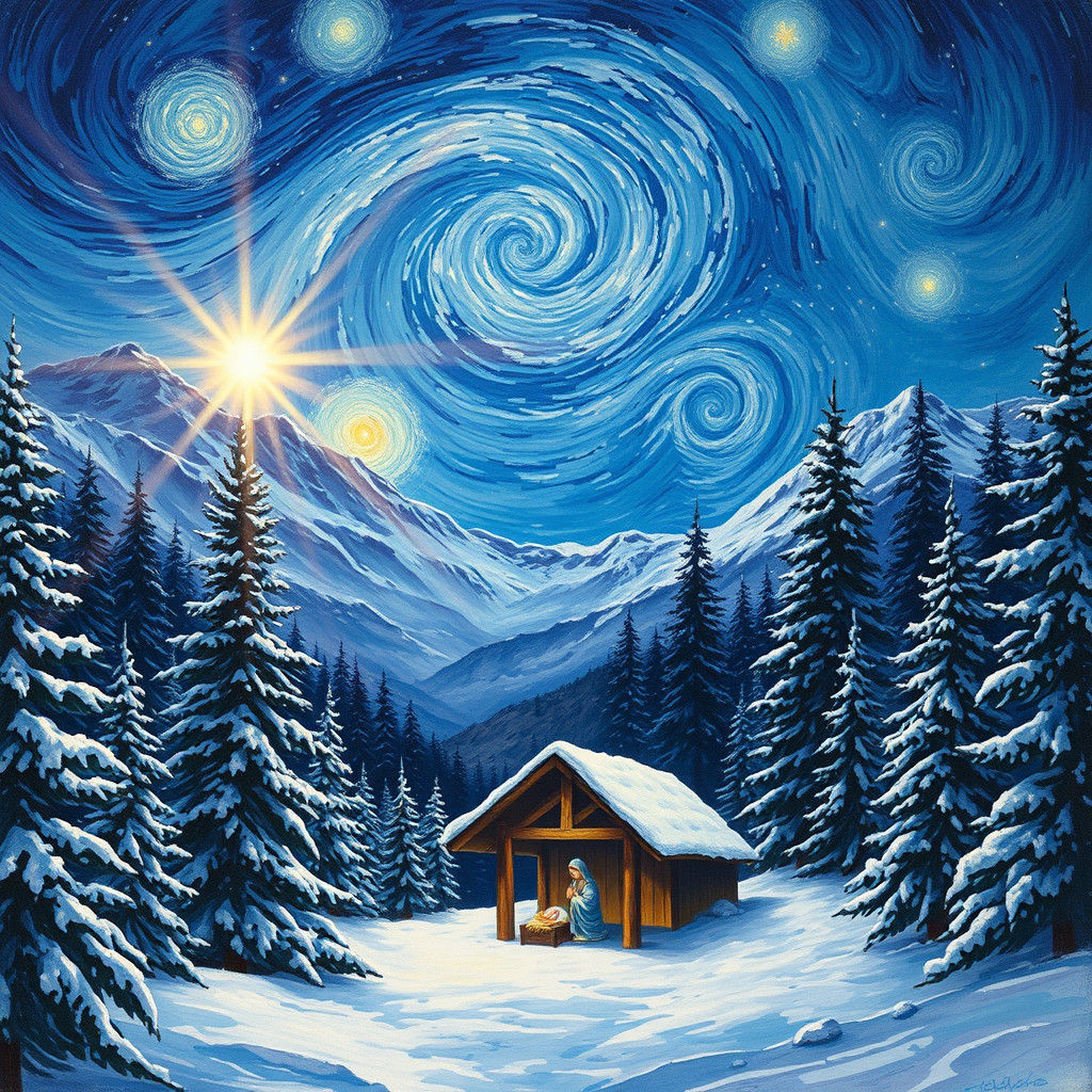 Winter Nativity Scene in Starry Night Style