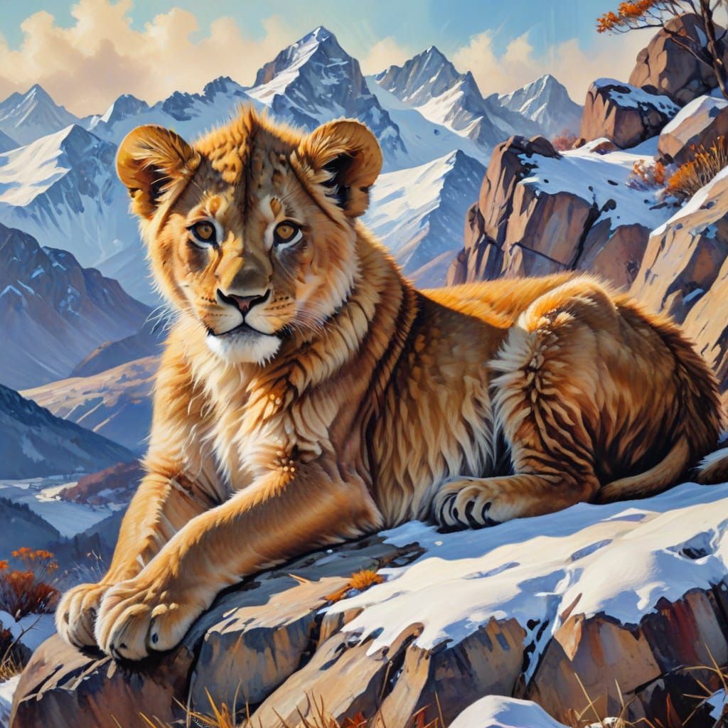 Majestic Lion Cub in Snowy Mountains - Fauvism Oil Painting