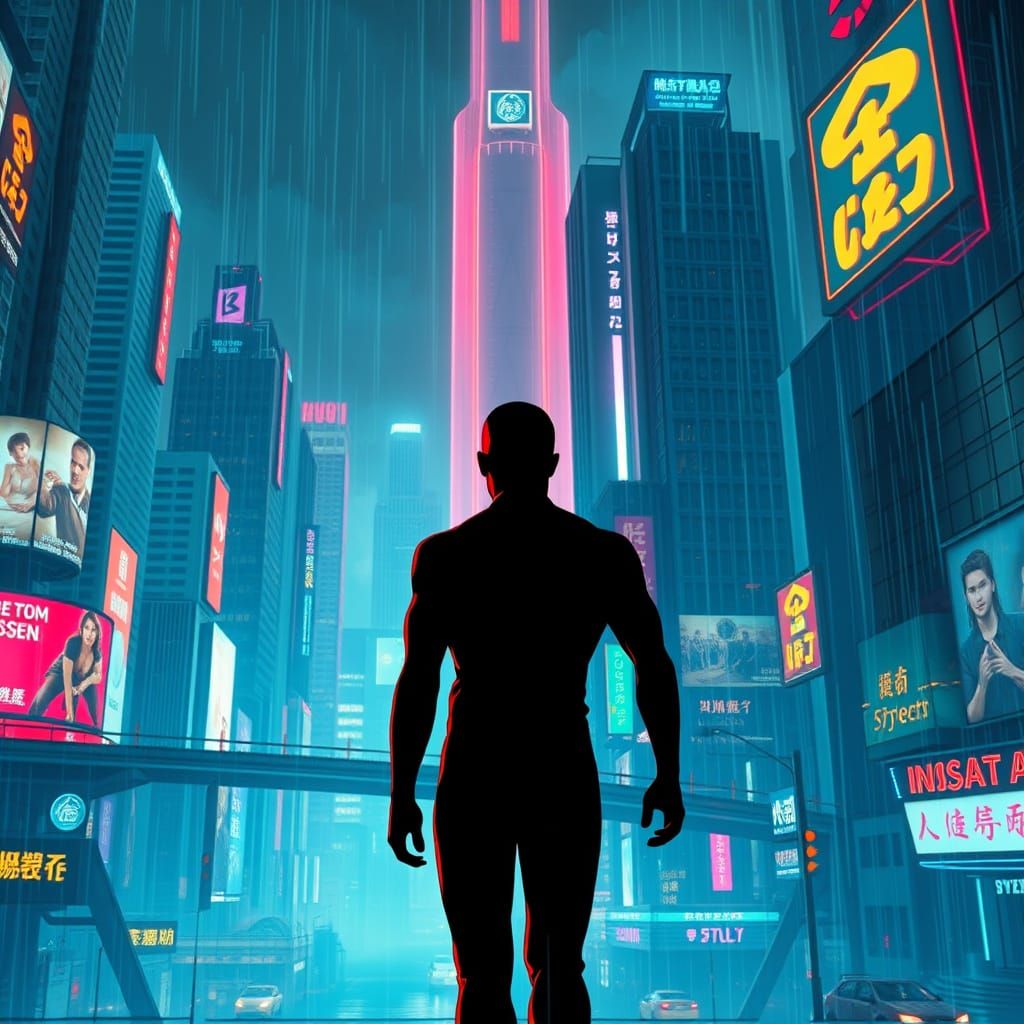 Neon Cityscape Silhouette in Cyberpunk Style