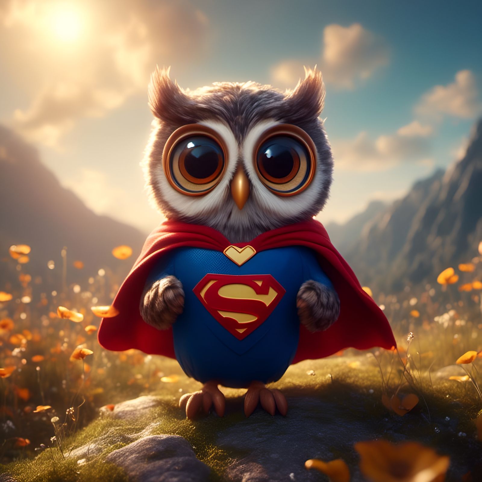 Adorable Owl as Superman in Sunny Sky