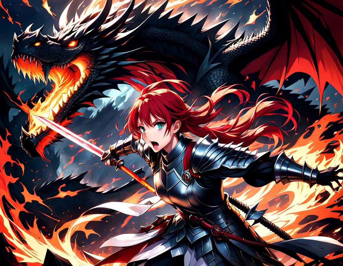 Anime Knight Girl Fighting Dragon in Fiery Battle