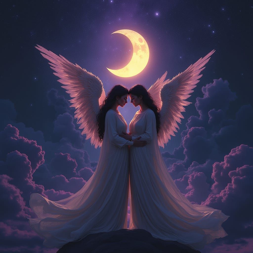 Dark Fantasy Angelic Twins in Starry Night Sky Art Nouveau S...