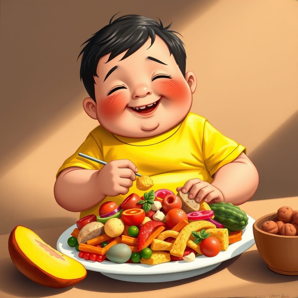 Chubby Boy Senula Eating Food, Beatrix Potter Style