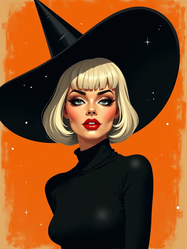Retro Witch Portrait in Vintage Poster Style