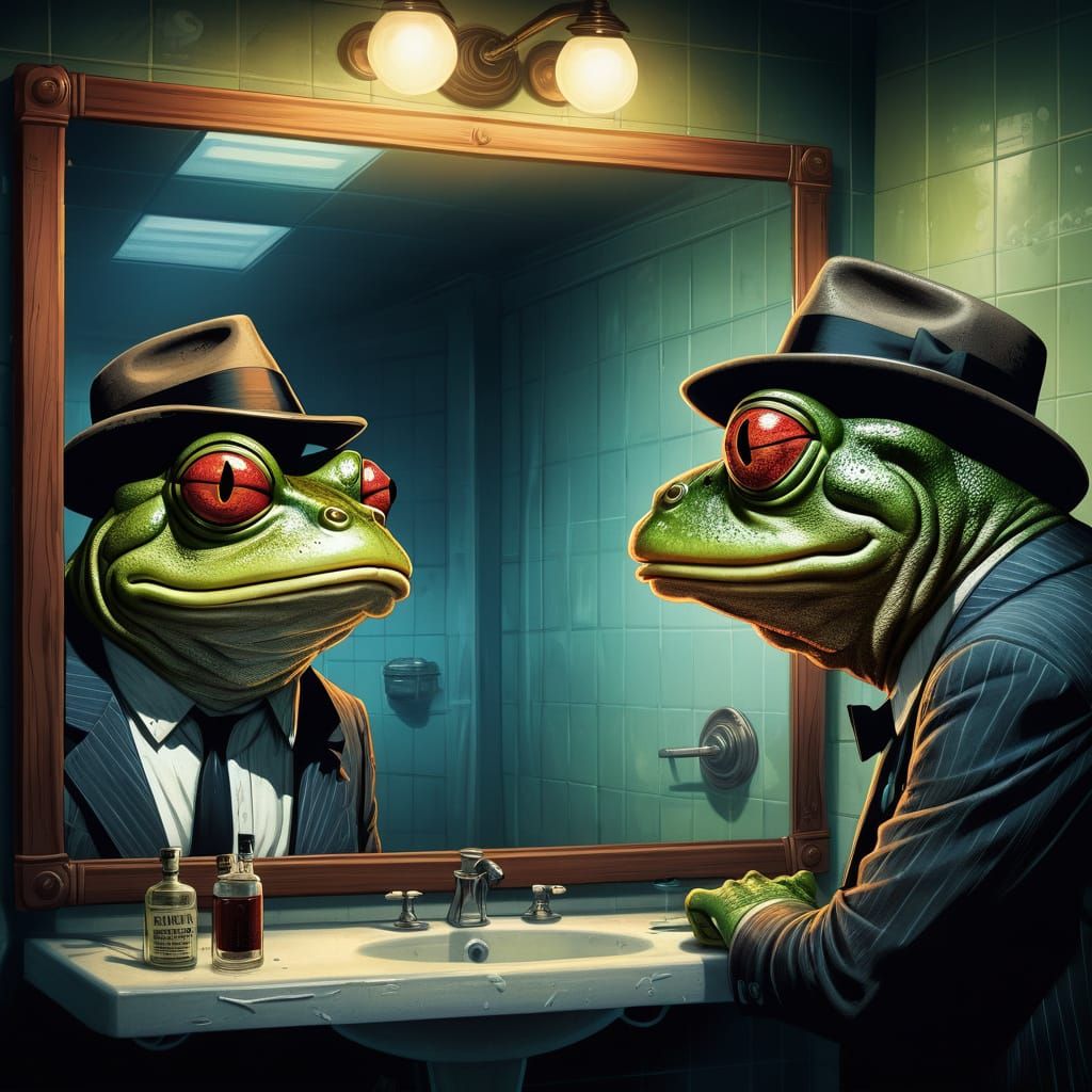 Film Noir Frog Private Eye Confronts Drunk Reflection