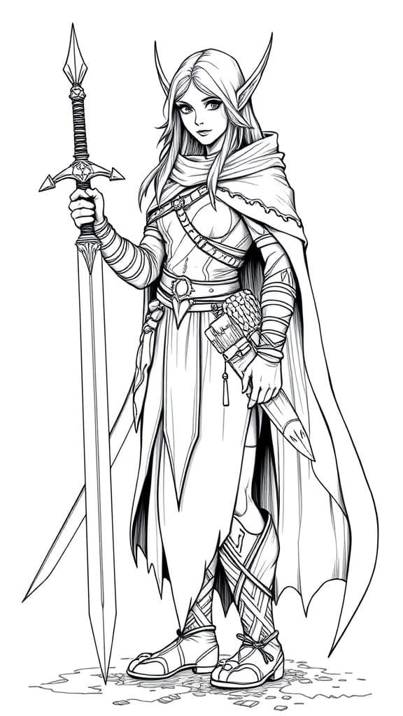Elf Warrior Woman: Medieval Black and White Art