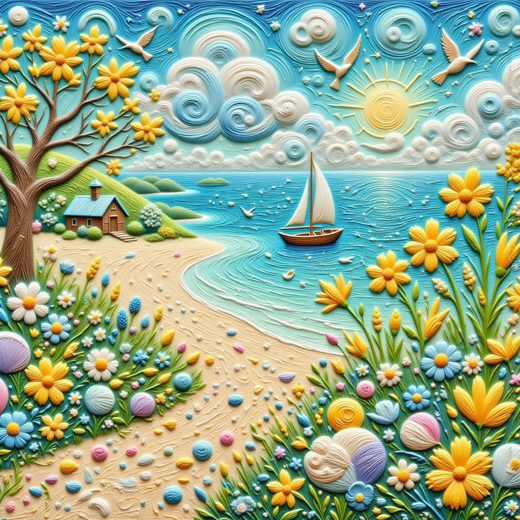 Seashore Flowers in Blue and Yellow Pastel Embroidery