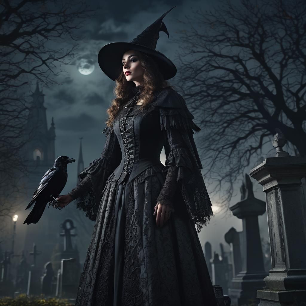 Victorian Witch in Cemetery by Moonlight
