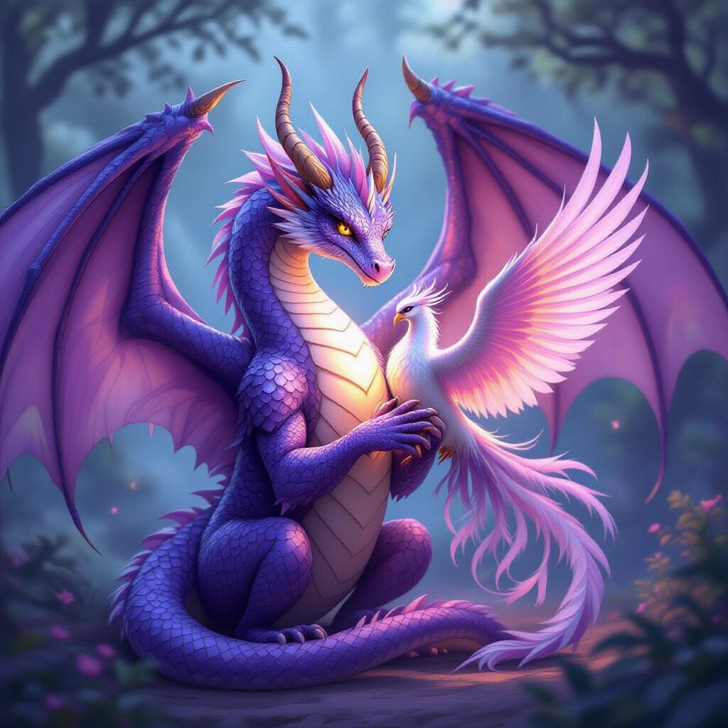 Purple Dragon Enfolding Phoenix in Whimsical Style