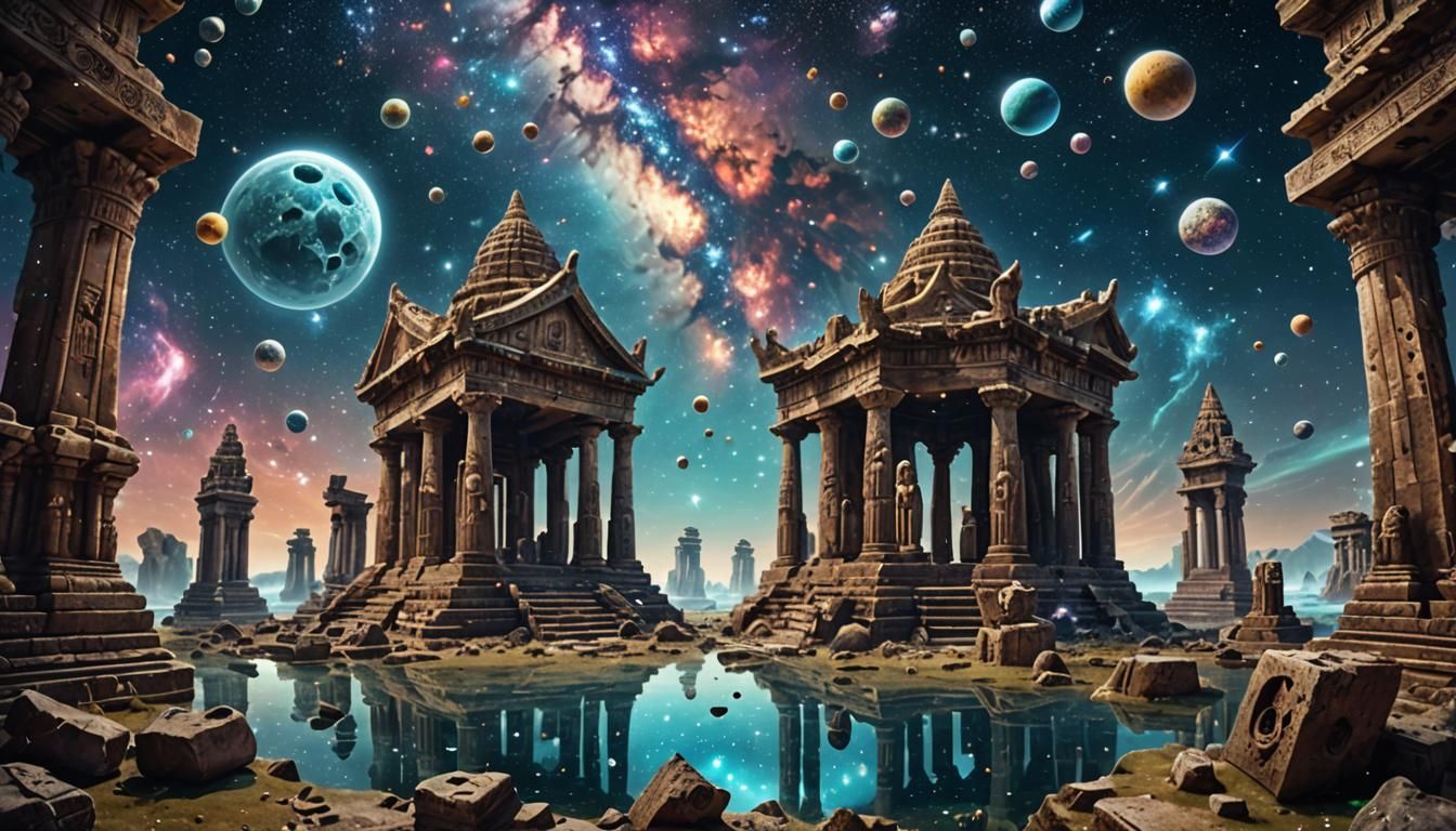 Cosmic Surrealism: Temple Ruins in Space