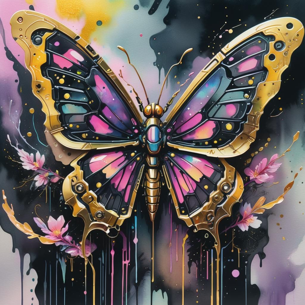 Cyberpunk Iron Butterfly Watercolor with Neon Highlights