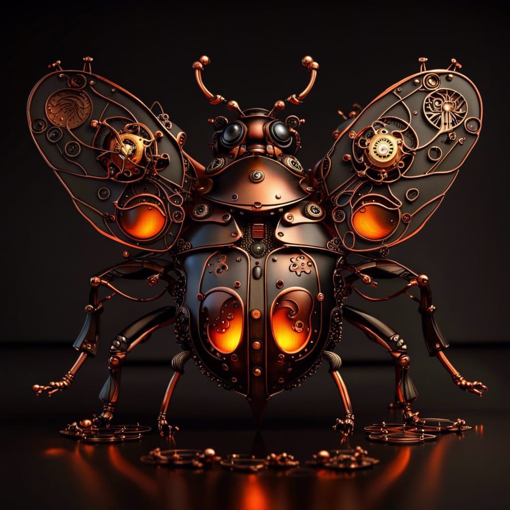 Menacing Clockwork Ladybug in a Burning Sci-Fi Landscape