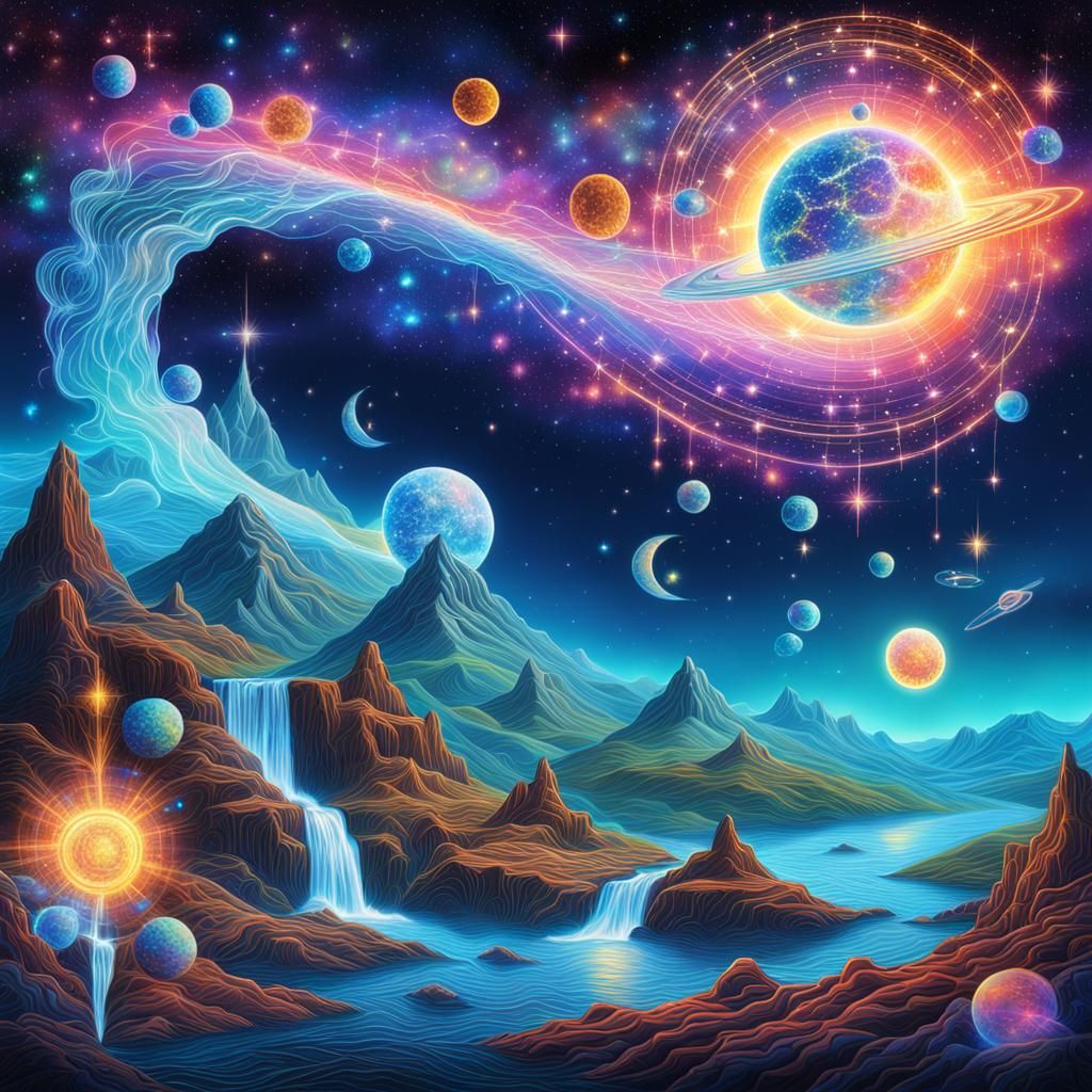 Holographic Cosmic Creation: A Mixed Media Illustration