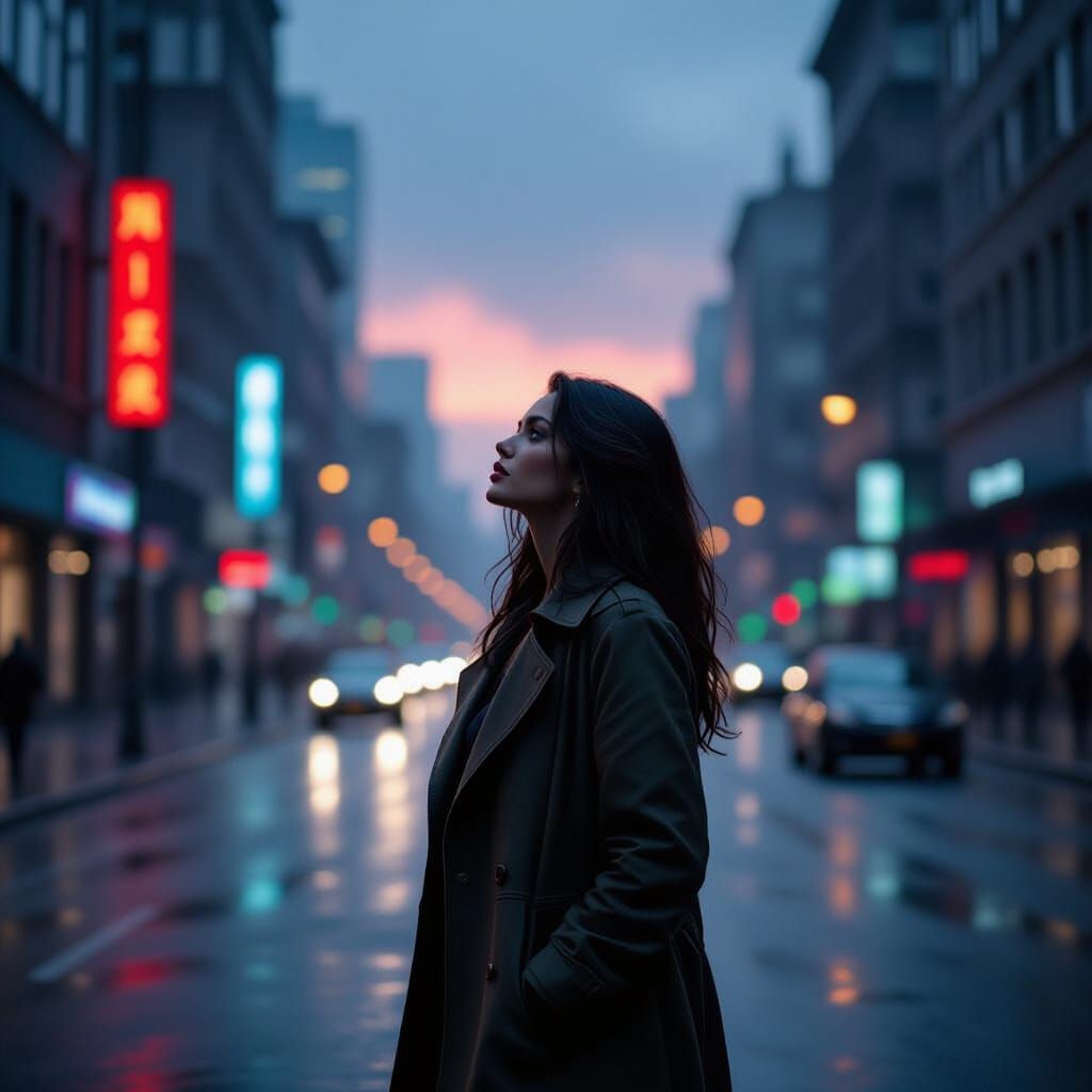 Solitary Woman on Rainy City Street at Dusk