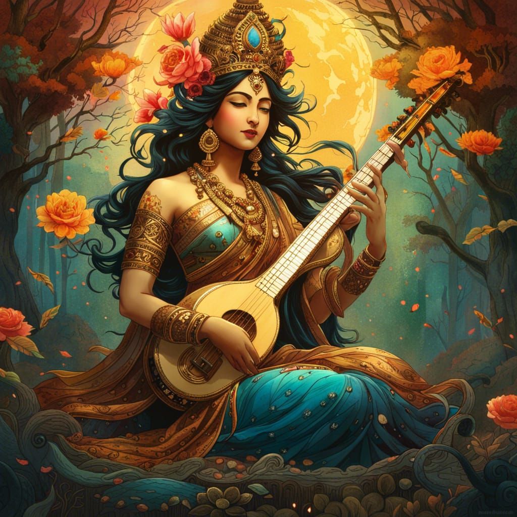 Goddess Saraswati in Luminous Watercolor Style