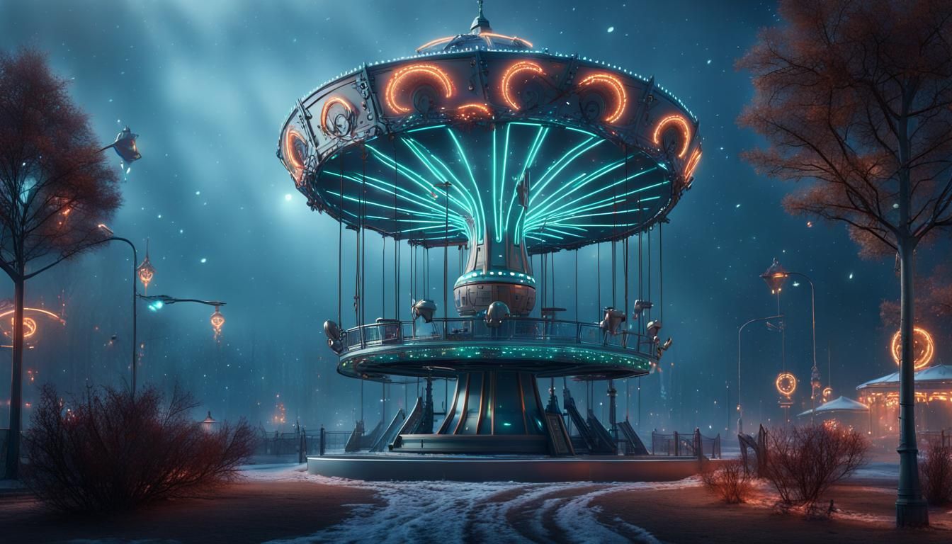 Futuristic Merry-Go-Round in Snowy Cityscape