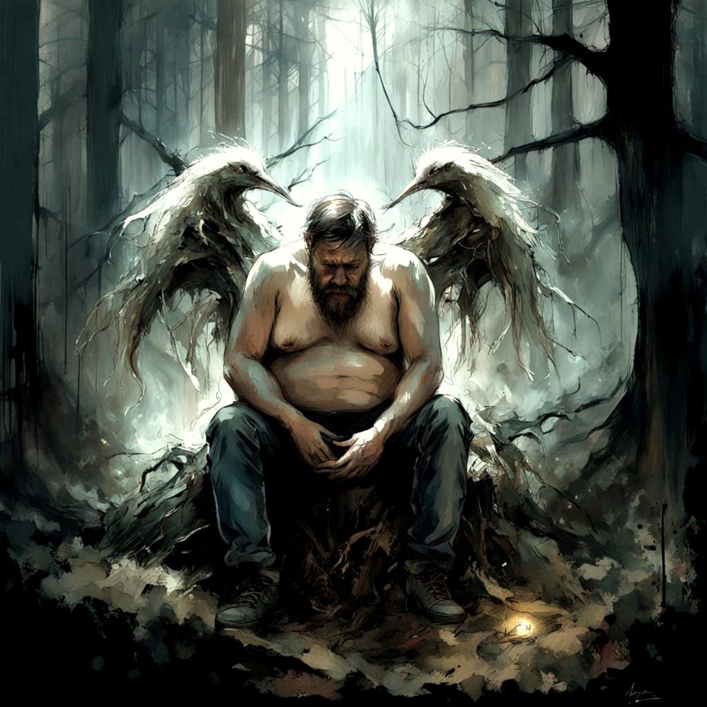 Weary Angel in Gloomy Forest: Magical Realism