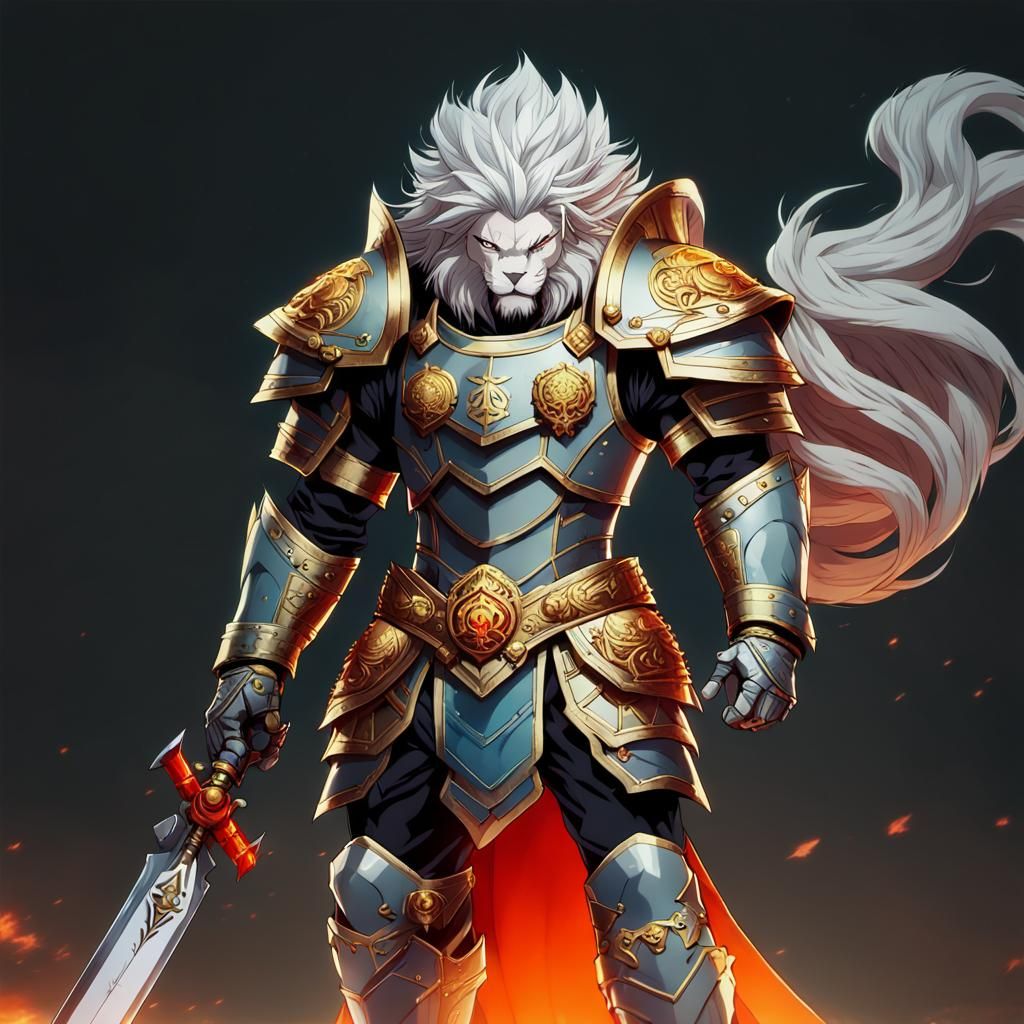 Fierce Anime King with Lion Armor in Storm