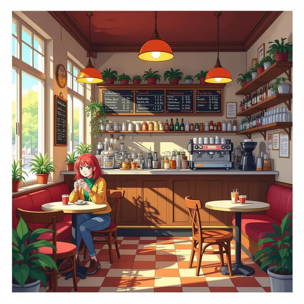 Vibrant Cafe Scene in Anime Style