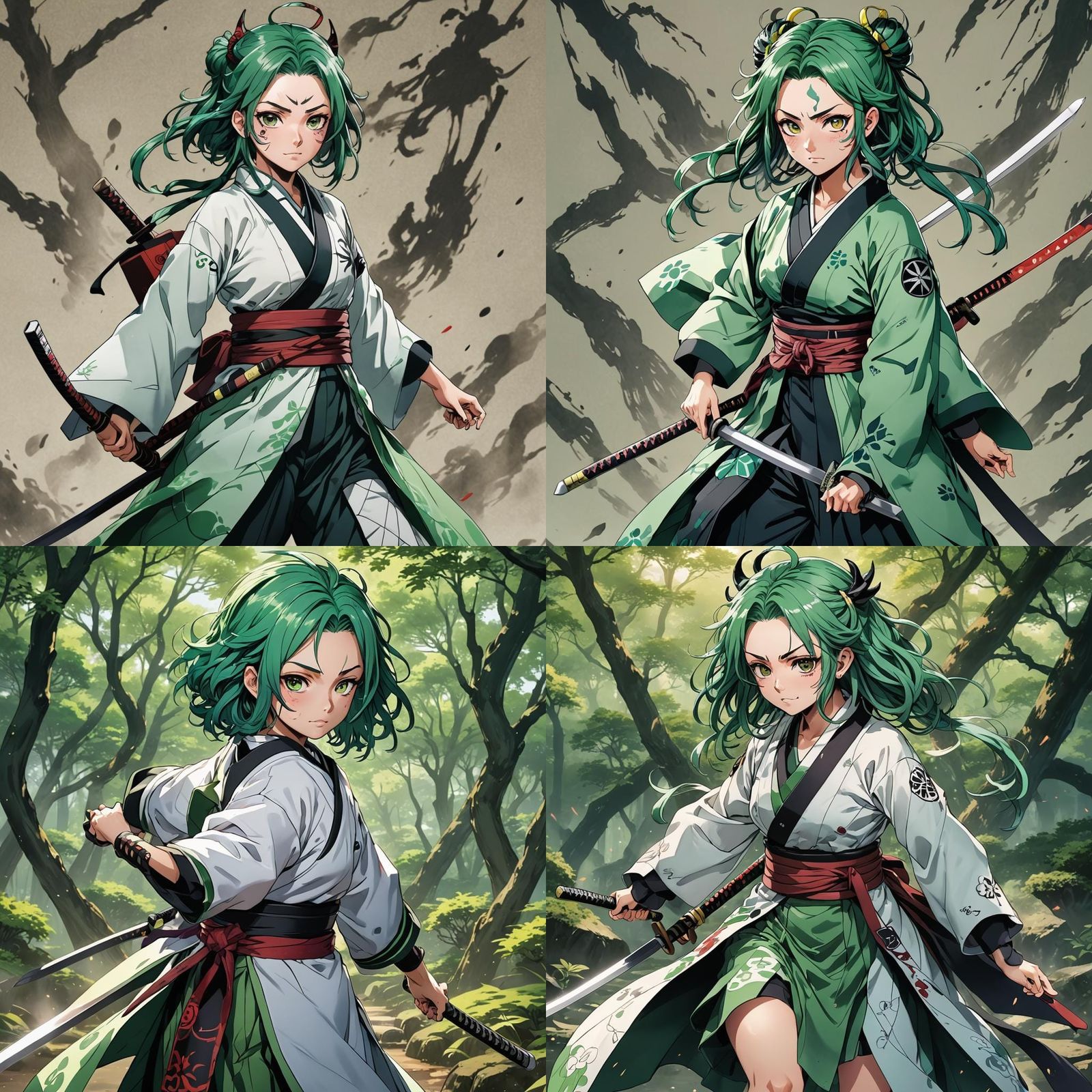 Green-Haired Demon Slayer in Anime Style