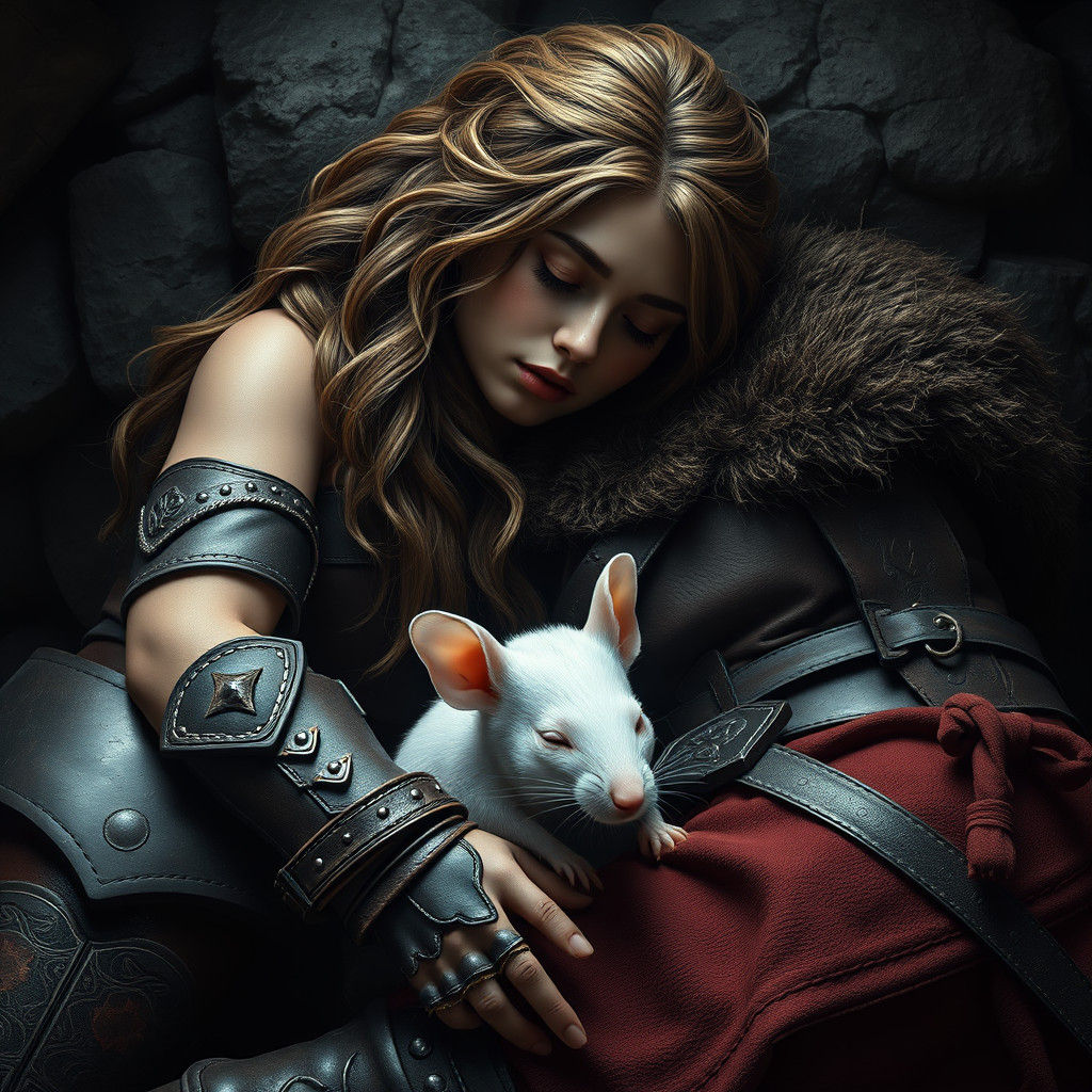 Barbarian Warrior and Mouse Companion in Dark Fantasy Style