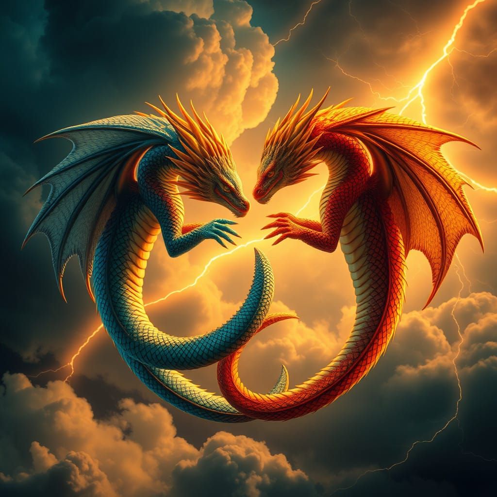 Majestic Dragons Entwined in Iridescent Glory
