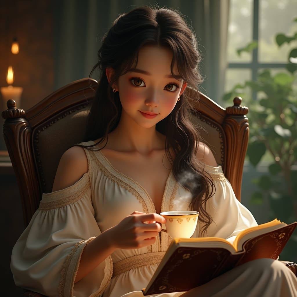 Girl with Tea Cup in a Fantasy Matte Painting