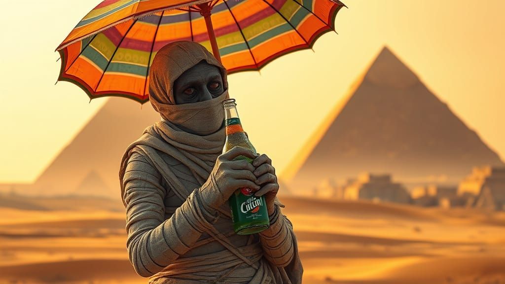 Vibrant Mummy Under Desert Umbrella, Pyramids Silhouetted at...