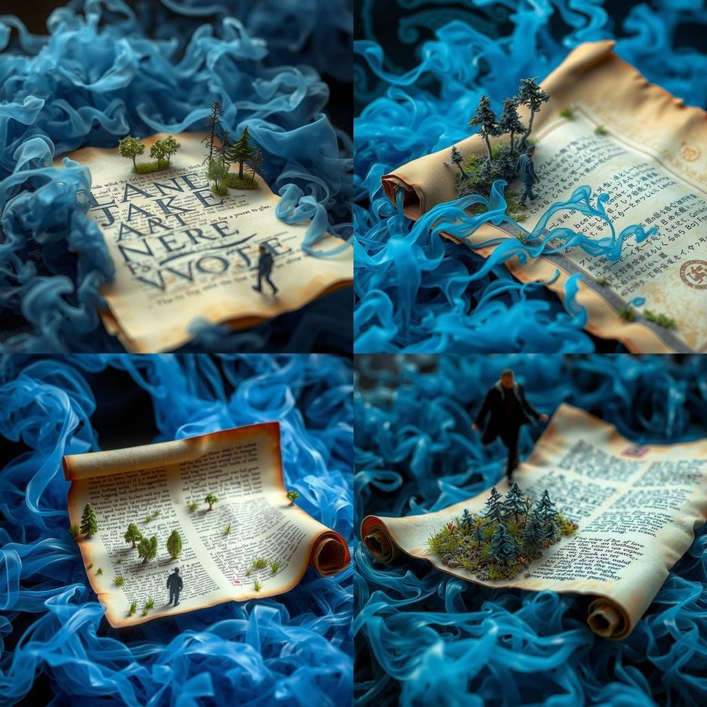 Ancient Scroll Unfolds in Desolate Blue Smoke Landscape