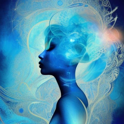Blue Woman in Abstract Hues, Fantasy Concept Art