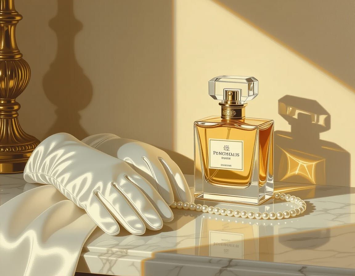 Retro Glam Still Life: Satin Gloves, Pearls, Perfume Bottle
