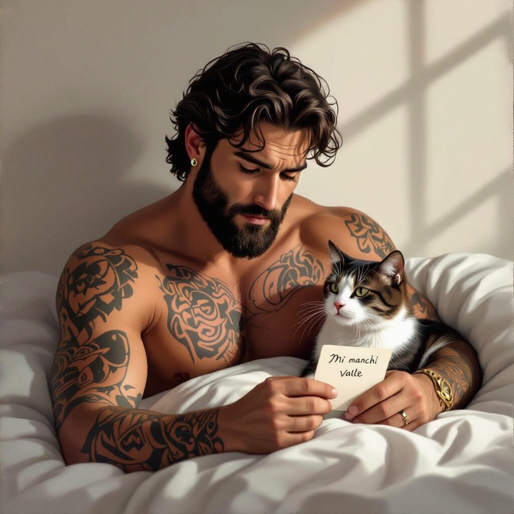 Melancholic Man Consoled by Cat in Realistic Style